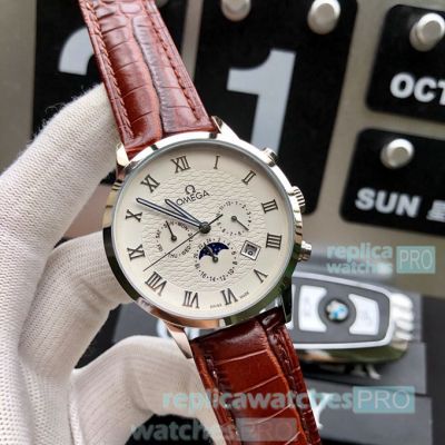 Best Replica Omega Complications Moonphase Watch SS Brown Leather Strap